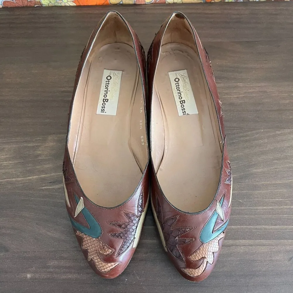 Vintage Ottorino Bossi Brown Leather Applique Kitten Heels